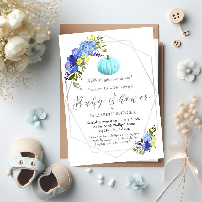 Baby shower Citrouille bleu Invitation floral (Créateur téléchargé)