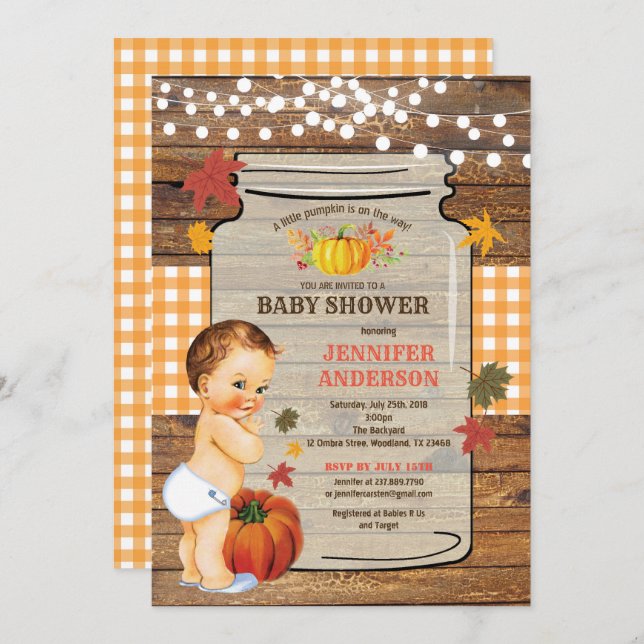 baby shower citrouille invitation bois rustique (Devant / Derrière)