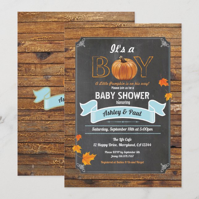 baby shower citrouille invitation craie rustique e (Devant / Derrière)