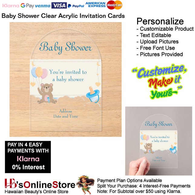 Baby Shower Clear Acrylic Invitation Card 4 (Baby Shower Birth Party Supplies Celebrate Clear Acrylic Invitations 4.)