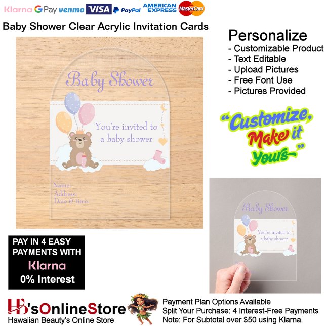 Baby Shower Clear Acrylic Invitation Card 6 (Baby Shower Birth Party Supplies Celebrate Clear Acrylic Invitations 6.)