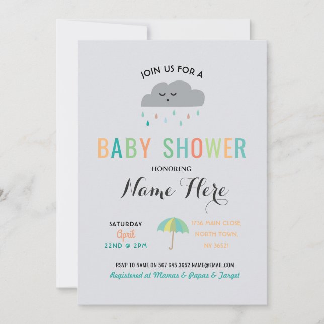 Baby Shower Cloud Sprinkle Umbrella Gender Reveal Invitation (Front)