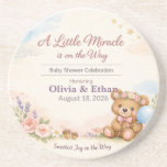 Baby Shower Coasters | Teddy Bear | Little Miracle<br><div class="desc">Celebrate with whimsical teddy bear coasters — pastel balloons, florals, and joy for baby showers and keepsakes. Add charm and practicality to your baby shower with these teddy bear baby shower coasters. Featuring a soft pastel design with whimsical florals, balloons, stars, and a cuddly bear, these coasters are both decorative...</div>