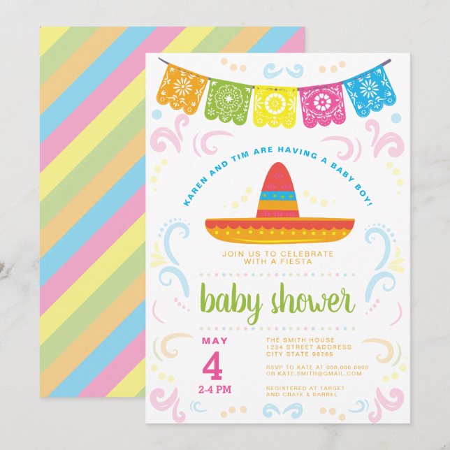 Baby shower coloré Mai invitation FIESTA (Devant / Derrière)