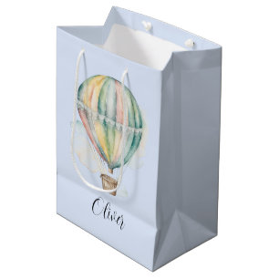 Baby shower, colourful watercolor hot air balloon  medium gift bag