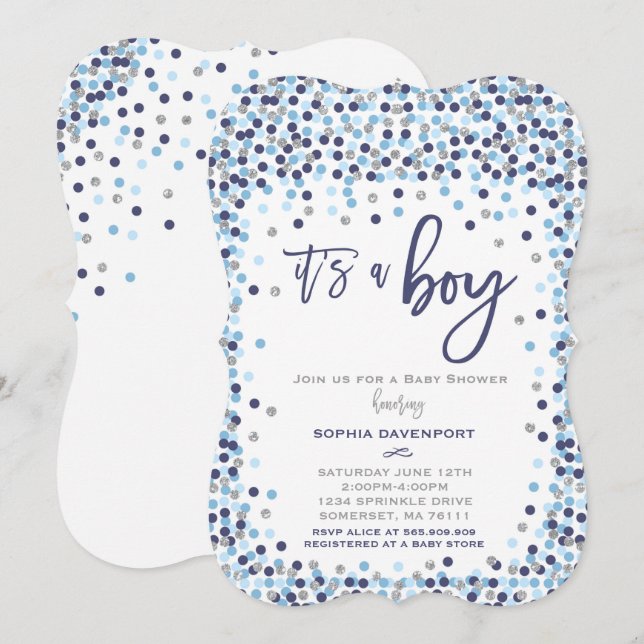 Baby shower Confetti Invitation Bleu Et Argent (Devant / Derrière)