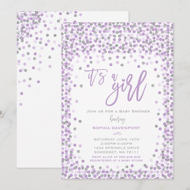 Baby Shower Confetti Invitation Lavender & Silver (Front/Back)