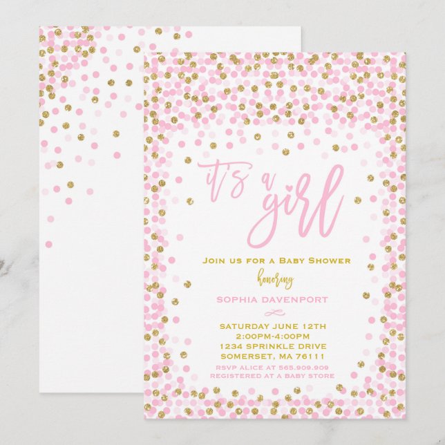 Baby shower Confetti Invitation Pink And Gold Girl (Devant / Derrière)