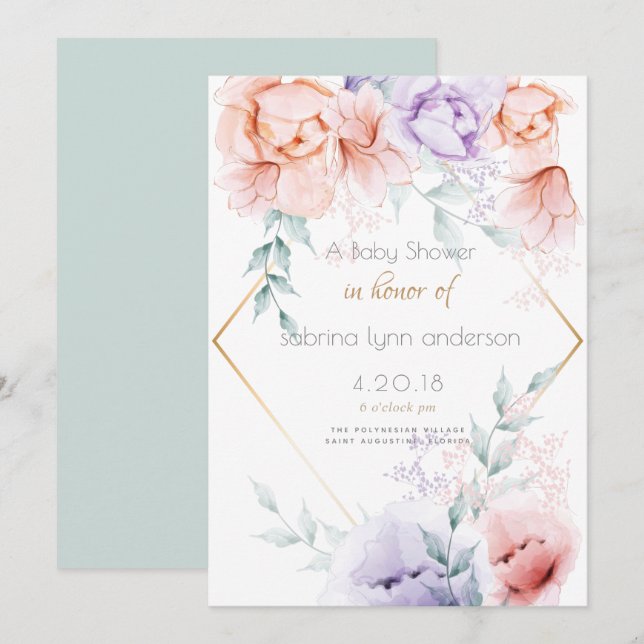 Baby Shower | Coral and Lilac Aquarelle Floral Invitation (Front/Back)