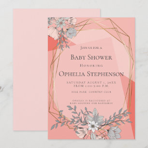 BABY SHOWER Coral Floral Geometric Gold Frame Invitation