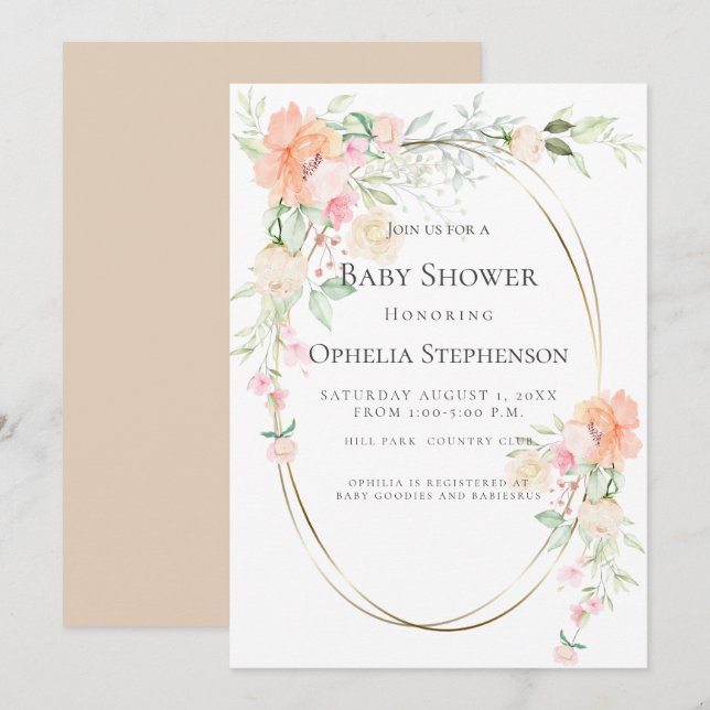 BABY SHOWER | Coral Watercolor Flowers Invitation (Front/Back)
