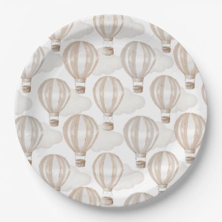 Baby Shower Cream Hot Air Balloons Gender Neutral Paper Plate