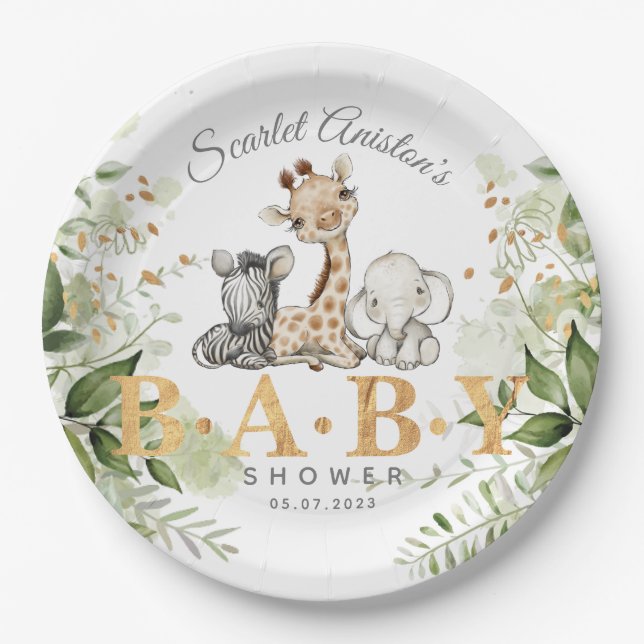 Baby Shower Cute African Animals Greenery Paper Plate (Front)