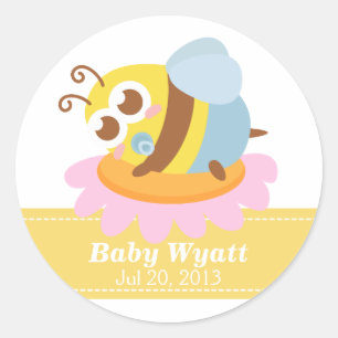 Baby Shower: Cute baby Bee resting on flower Classic Round Sticker