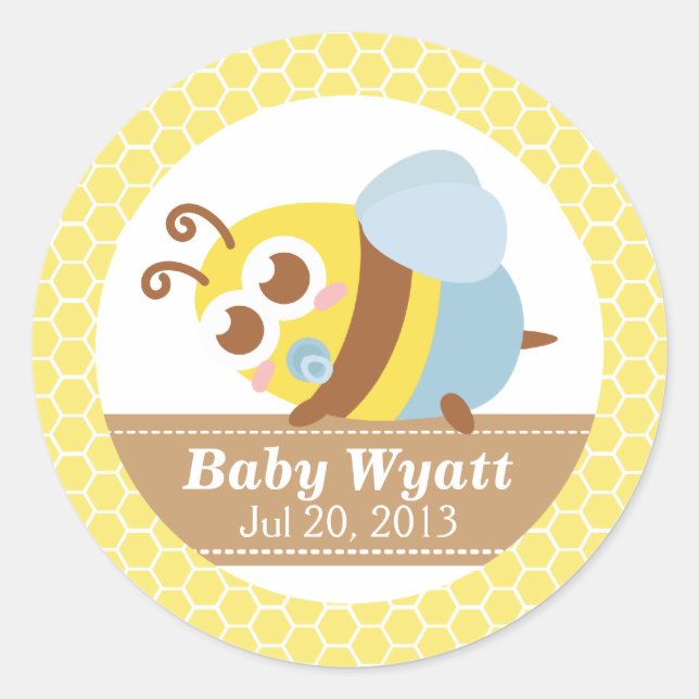 Baby Shower: Cute baby Bee with honeycomb pattern Classic Round Sticker (Front)
