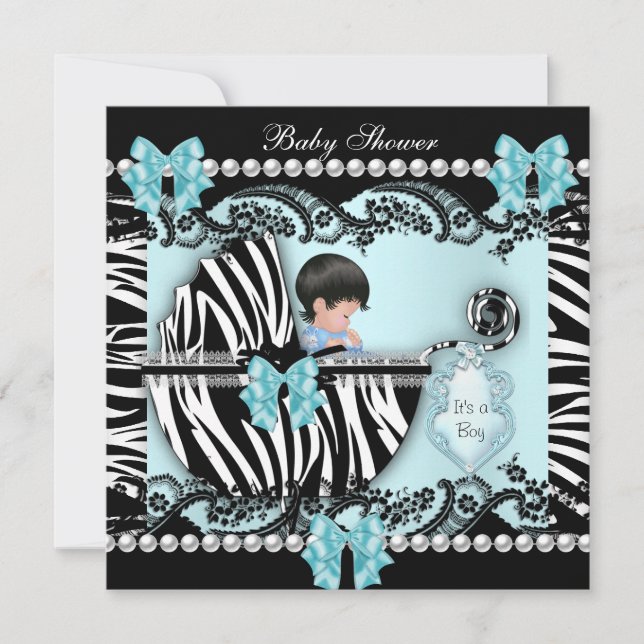Baby Shower Cute Baby Boy Blue Zebra Lace Invitation (Front)