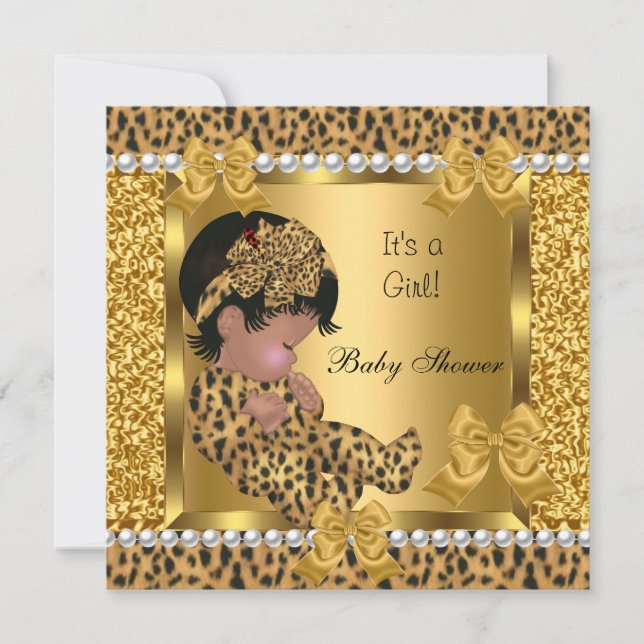 Baby Shower Cute Baby Girl Gold Leopard 2 Invitation (Front)