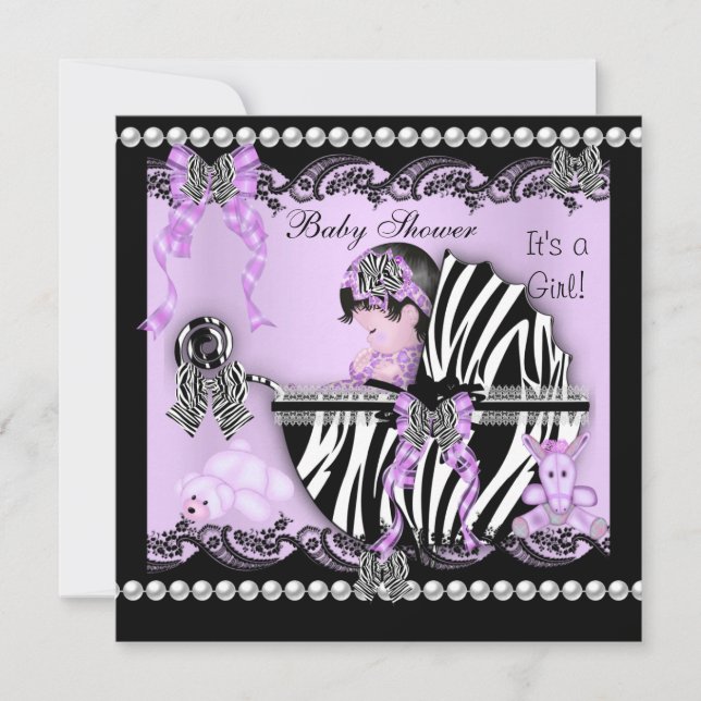 Baby Shower Cute Baby Girl Lilac Zebra Lace Invitation (Front)