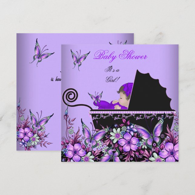 Baby Shower Cute Baby Girl Purple Butterfly 2 Invitation (Front/Back)