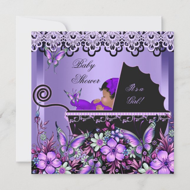 Baby Shower Cute Baby Girl Purple Butterfly 3a Invitation (Front)