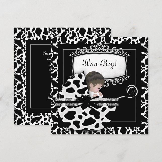 Baby Shower Cute Baby Pram Cow Black White Invitation (Front/Back)