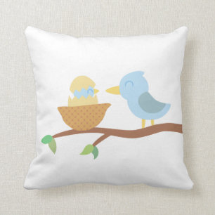 Baby Shower: Cute blue bird with just hatched baby Throw Pillow