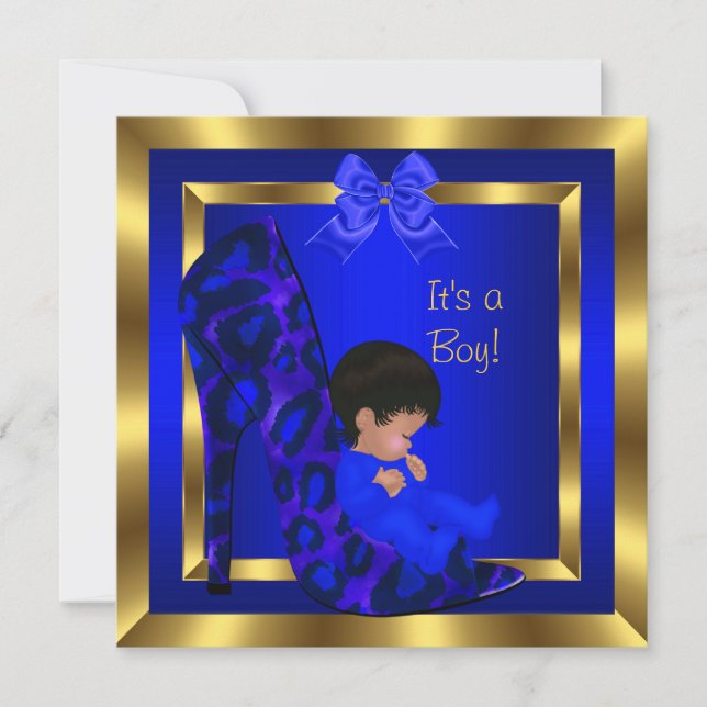 Baby Shower Cute Boy Royal Blue Shoe Leopard Invitation (Front)
