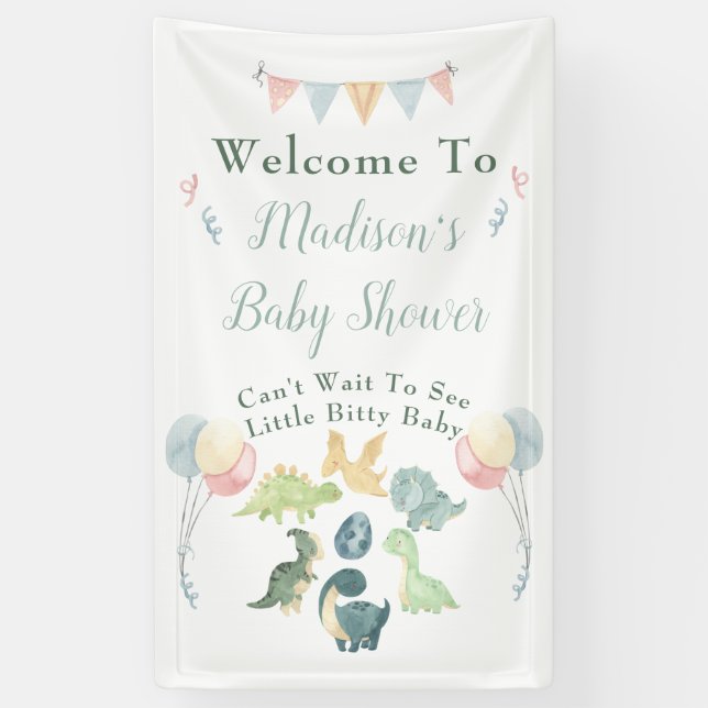 Baby Shower Cute Dinosaur Mom Name Blue Banner (Vertical)