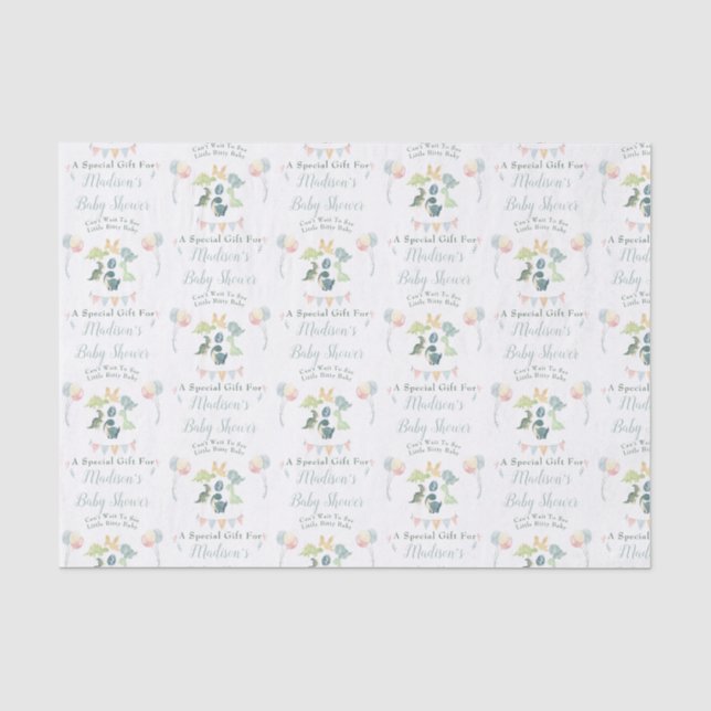 Baby Shower Cute Dinosaur Mom Name Blue Tissue Paper (Front)