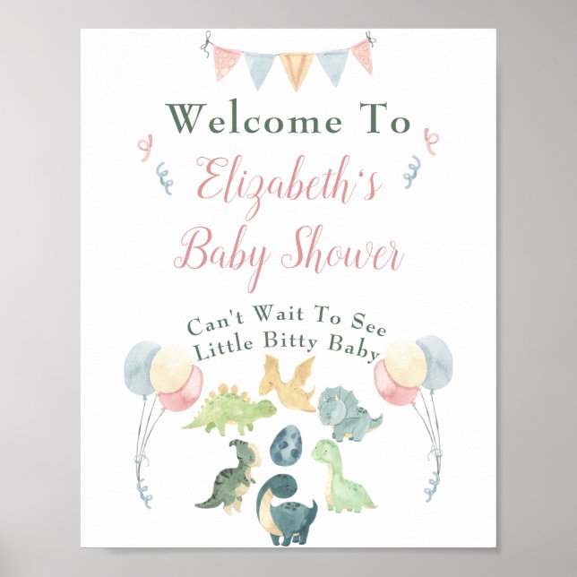 Baby Shower Cute Dinosaur Mom Name Pink Welcome Poster (Front)