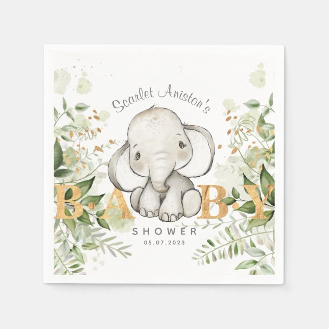 Baby Shower Cute Elephant Greenery Napkin (Front)