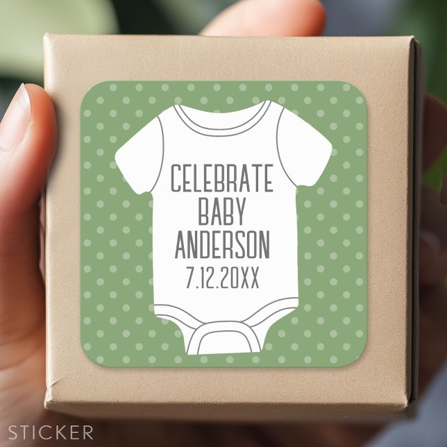 Baby Shower - Cute Green Polka Dots Square Sticker (Custom Sticker - Personalize with your info for a party favor or gift)