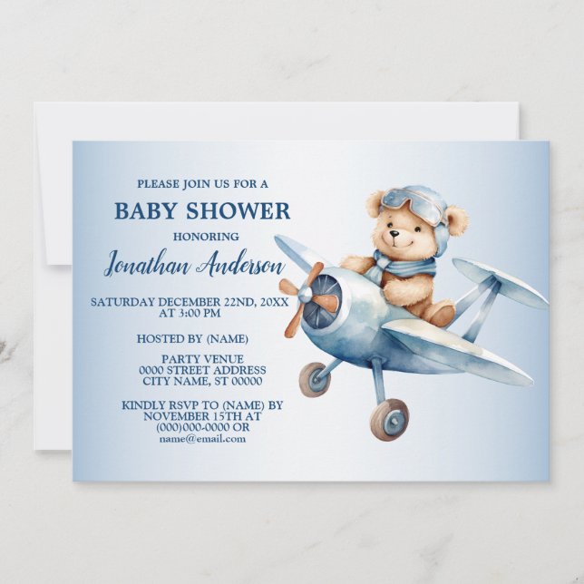 Baby Shower Cute Happy Blue Bear Pilot Beautiful Invitation (Front)