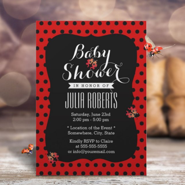 Baby Shower Cute Ladybugs Black & Red Dots Invitation (Creator Uploaded)