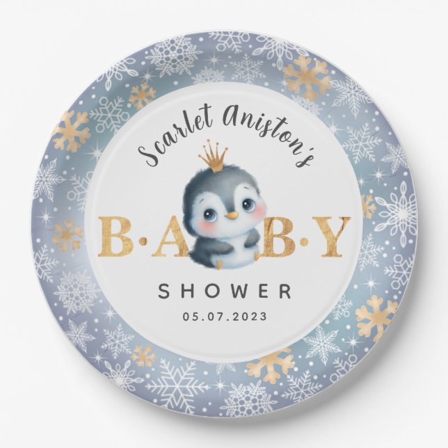 Baby Shower Cute Penguin with Crown Paper Plates (Front)