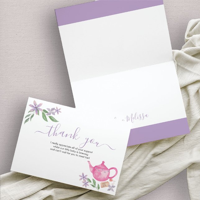 Baby Shower Cute Pink Teapot Thank You Card (Cute teapot thank you card in Lavender and Pink )