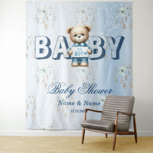 Baby Shower Cute Teddy Bear Blue Floral Beautiful Tapestry
