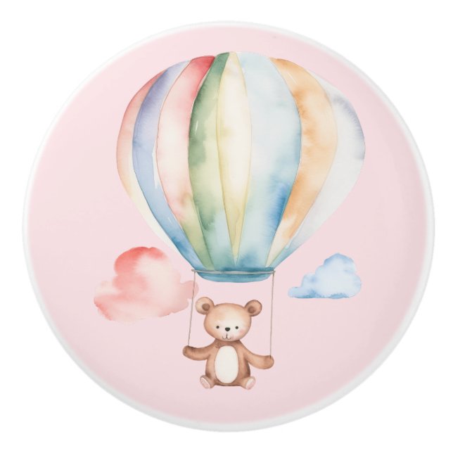 Baby Shower, cute teddy bear with hot air balloon Ceramic Knob (Front)