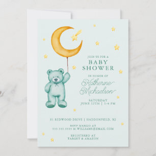 BABY SHOWER   Cute Watercolor Bear Moon Invitation