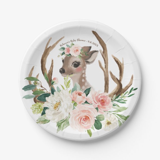 baby shower cute woodland deer paper plate (Front)
