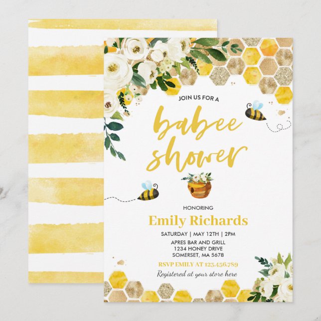 Baby shower d'abeilles Invitation Floral Babee Dou (Devant / Derrière)