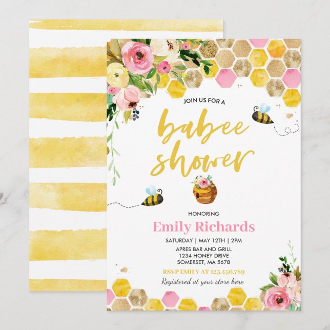 Baby shower d'abeilles Invitation Floral Babee Dou (Devant / Derrière)
