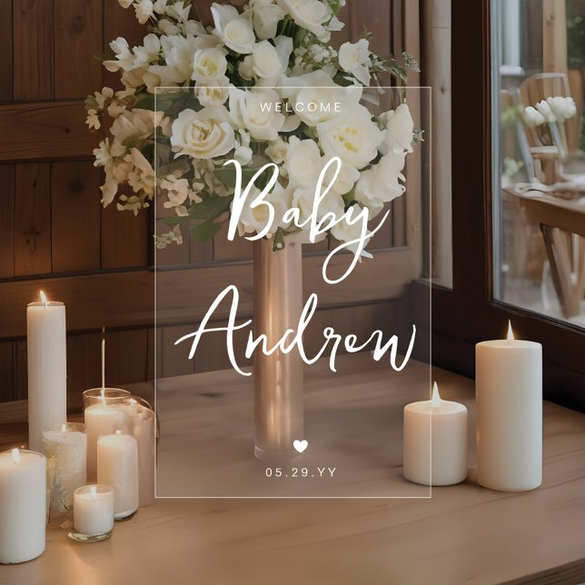 Baby shower d'accueil minimal Élégant script blanc (Minimal Welcome Baby Shower Elegant White Script Acrylic Sign)