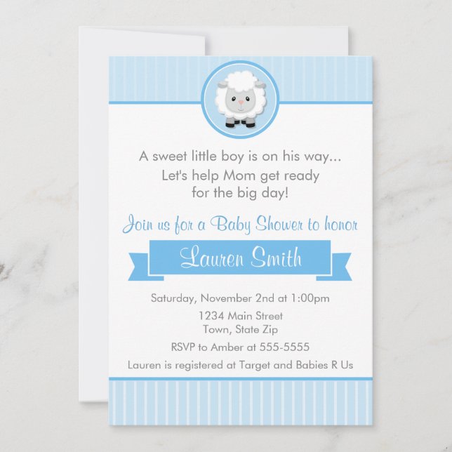 Baby shower d'agneau bleu Invitation 5x7 (Devant)