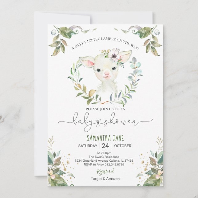 Baby shower d'agneau floral vert Invitation (Devant)