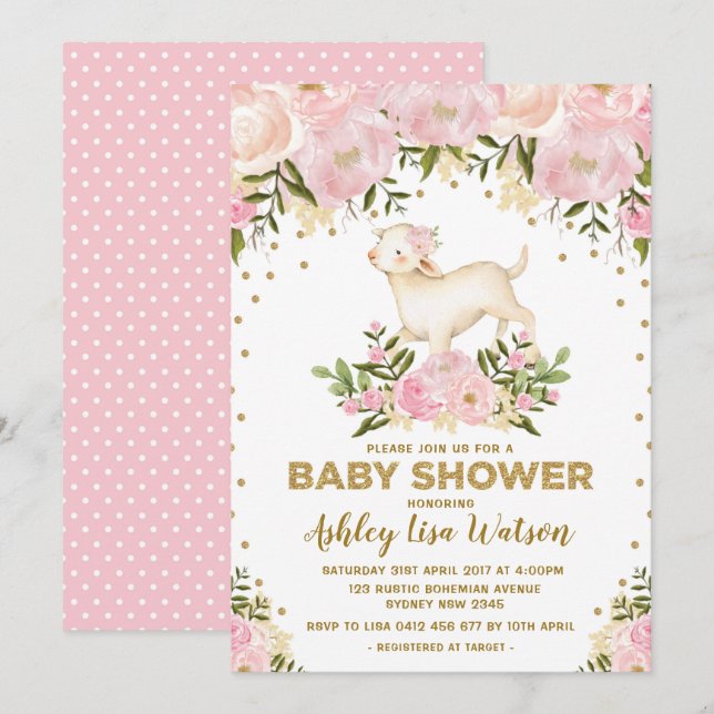 Baby shower d'agneau rose d'or Invitation florale  (Devant / Derrière)