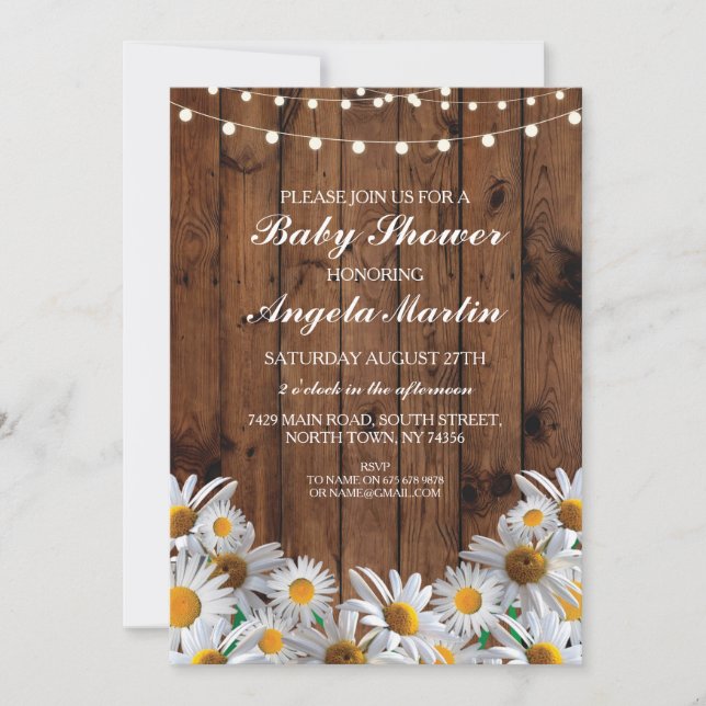 Baby Shower Daisy Wood Rustic Lights Floral Invite (Front)