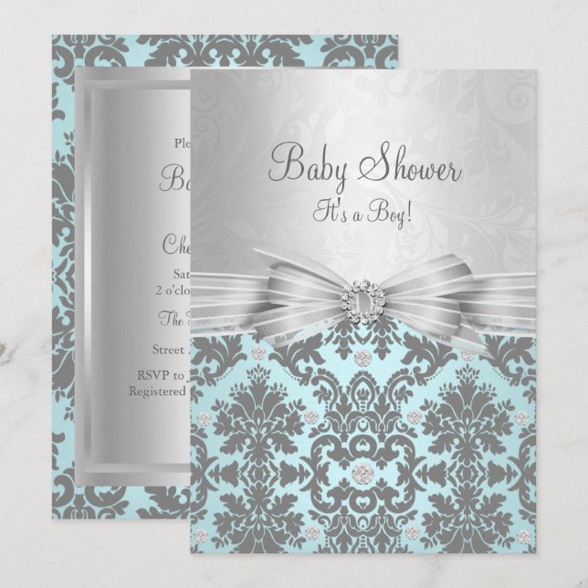 Baby shower Damas bleu et argent Invitation (Devant / Derrière)