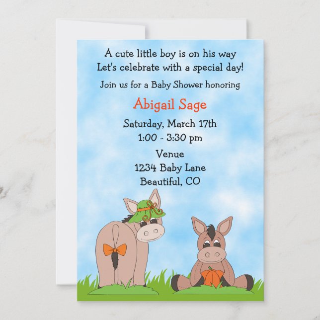Baby shower d'âne mignon Invitation pour les garço (Devant)