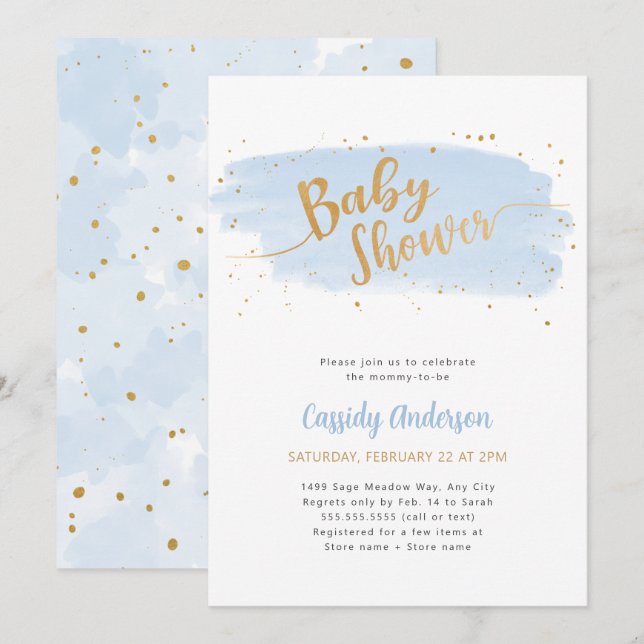 Baby shower d'aquarelle bleu et or Invitation (Devant / Derrière)